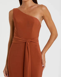 Jersey one shoulder belted trumpet gown - Brick