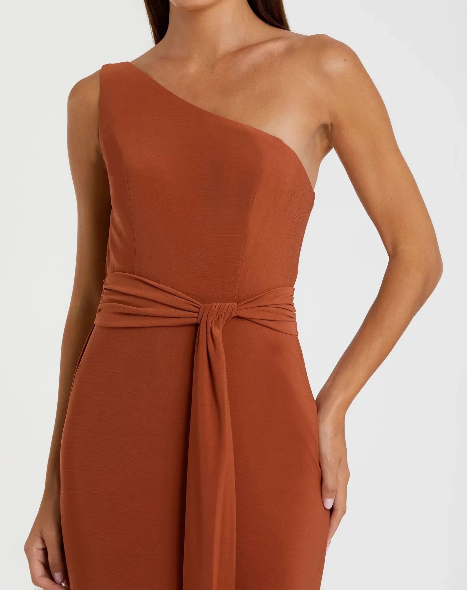 Jersey one shoulder belted trumpet gown - Brick