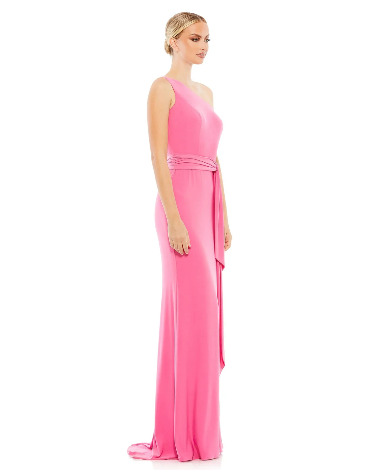 Mac Duggal Style #26581 Jersey one shoulder belted trumpet gown - Candy pink side