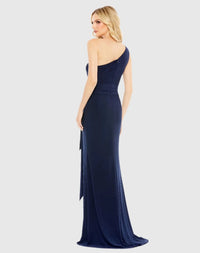 Jersey one shoulder belted trumpet gown - Navy