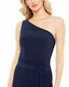 Mac Duggal Style #26581 Jersey one shoulder belted trumpet gown - navy close up