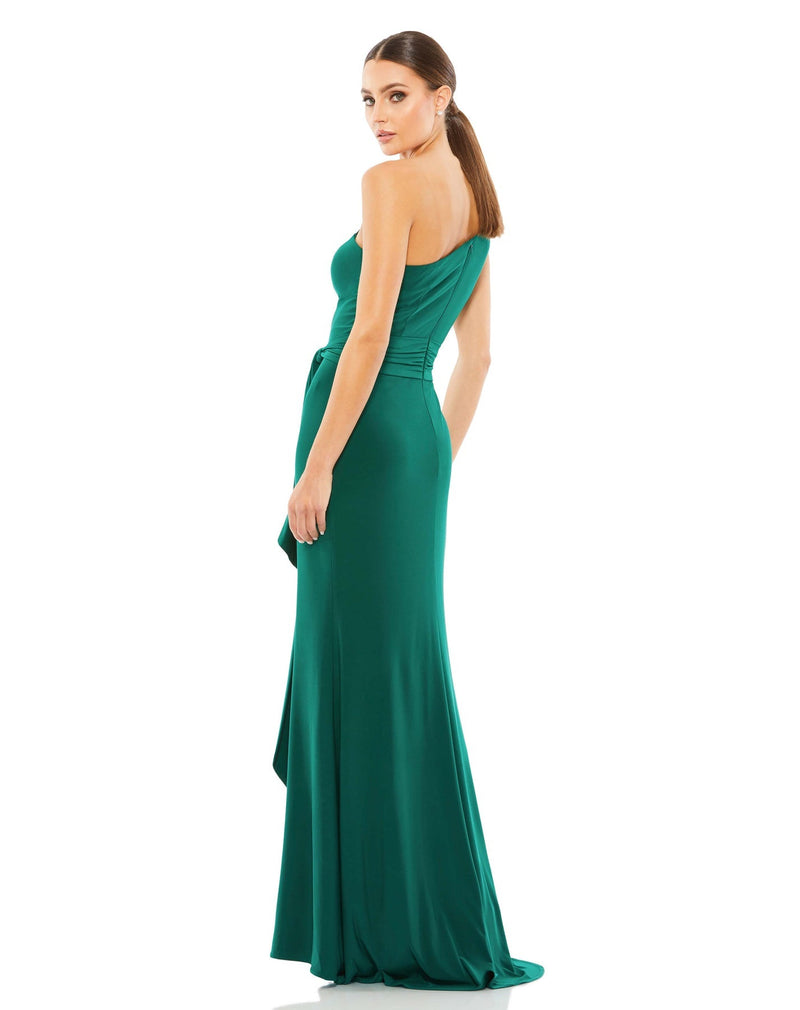 Mac Duggal Style #26581 Jersey one shoulder belted trumpet gown - emerald back