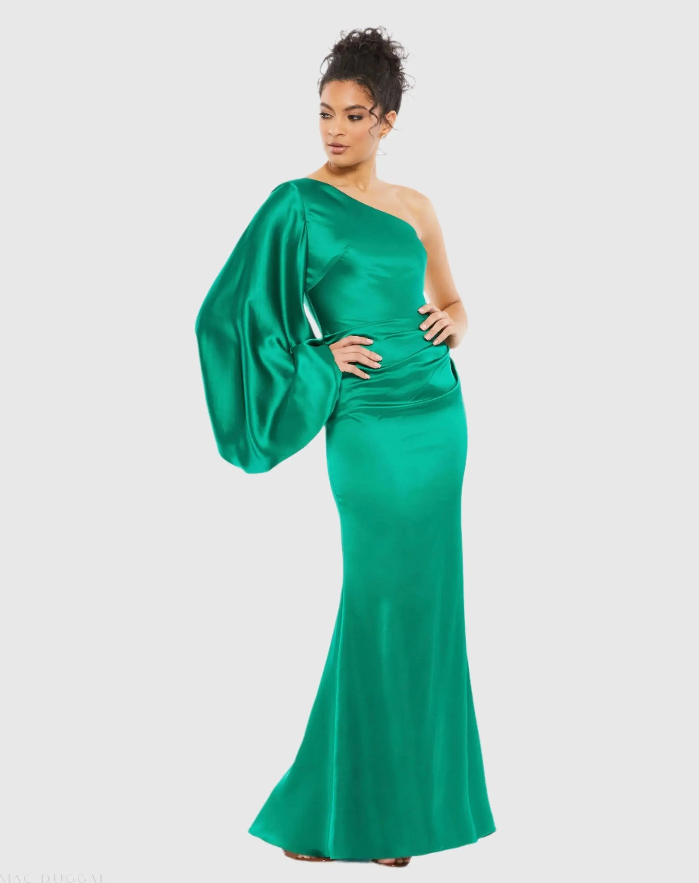 Mac Duggal 26588 Emerald satin puff sleeve gown - Front