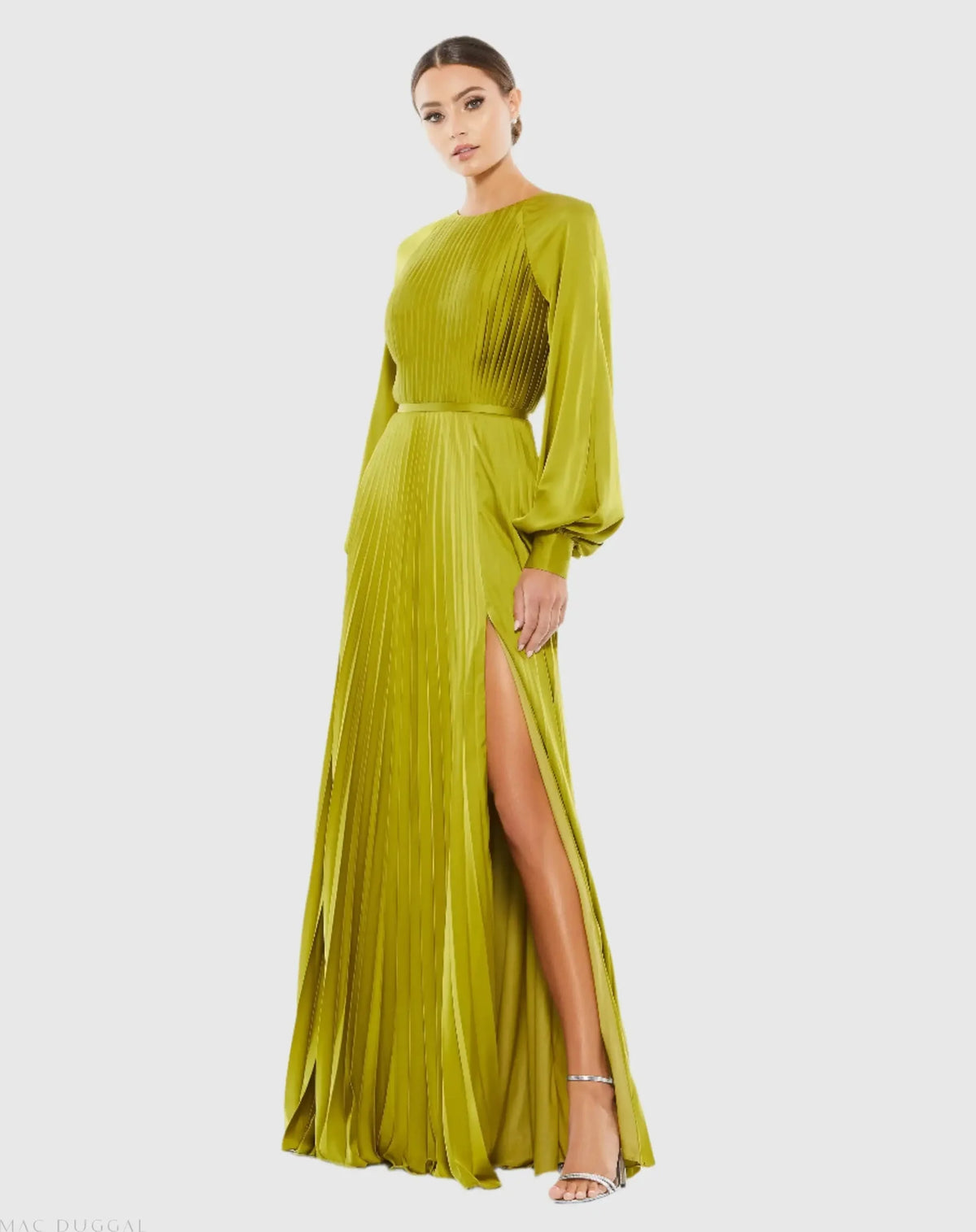 Mac Duggal Green Pleated High Neck Raglan Long Sleeve Side Slit Gown #26590 Apple Green