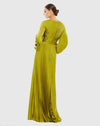 Pleated High Neck Raglan Long Sleeve Side Slit Gown - Green