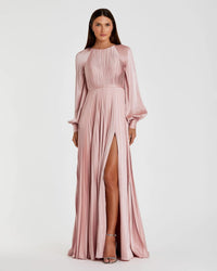 Mac Duggal #26590 blush pleated high neck raglan long sleeve side slit gown