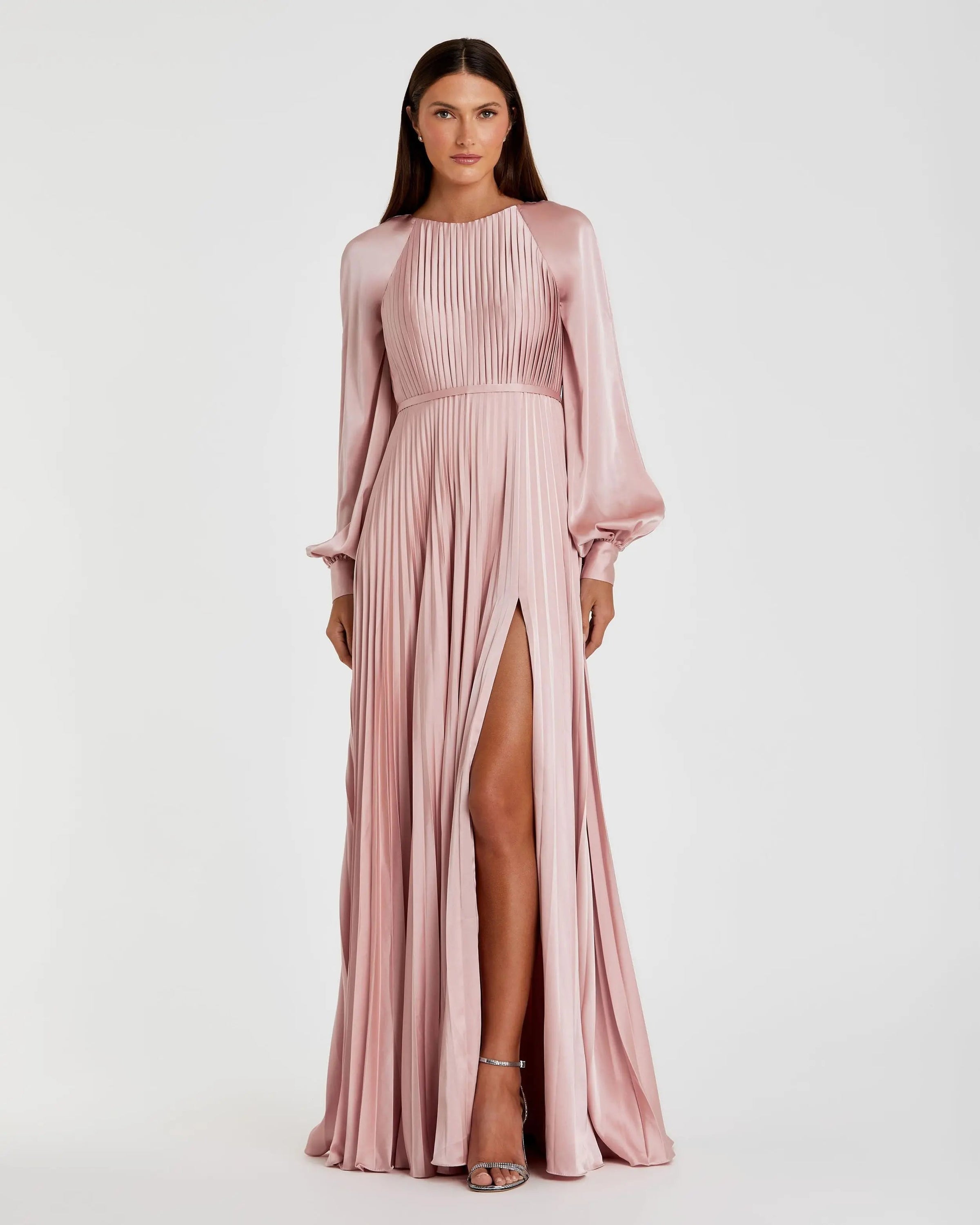 Mac Duggal #26590 blush pleated high neck raglan long sleeve side slit gown