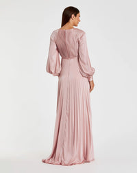 Mac Duggal #26590 blush pleated high neck raglan long sleeve side slit gown