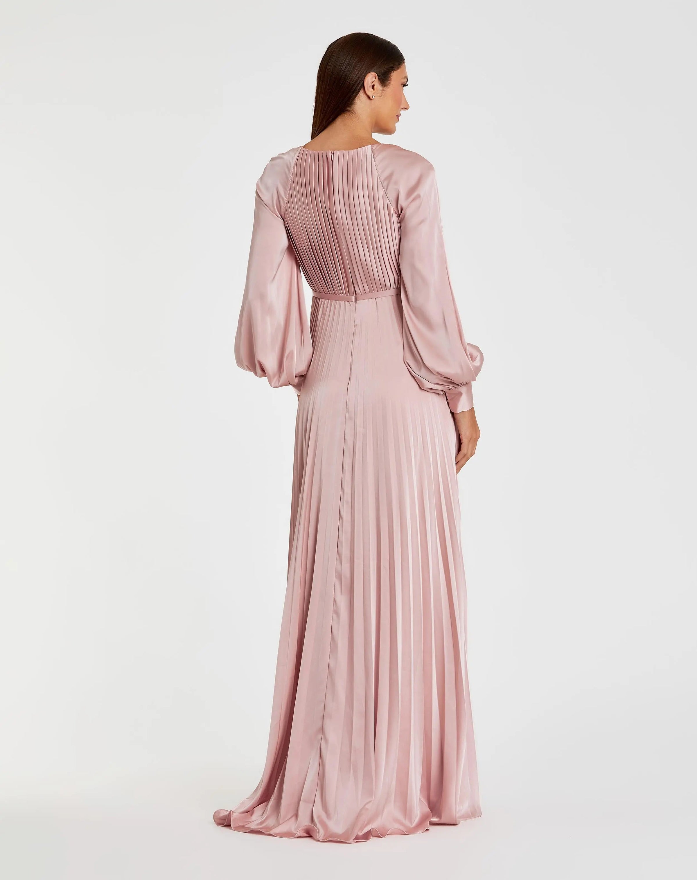 Mac Duggal #26590 blush pleated high neck raglan long sleeve side slit gown