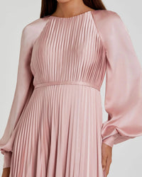 Mac Duggal #26590 blush pleated high neck raglan long sleeve side slit gown