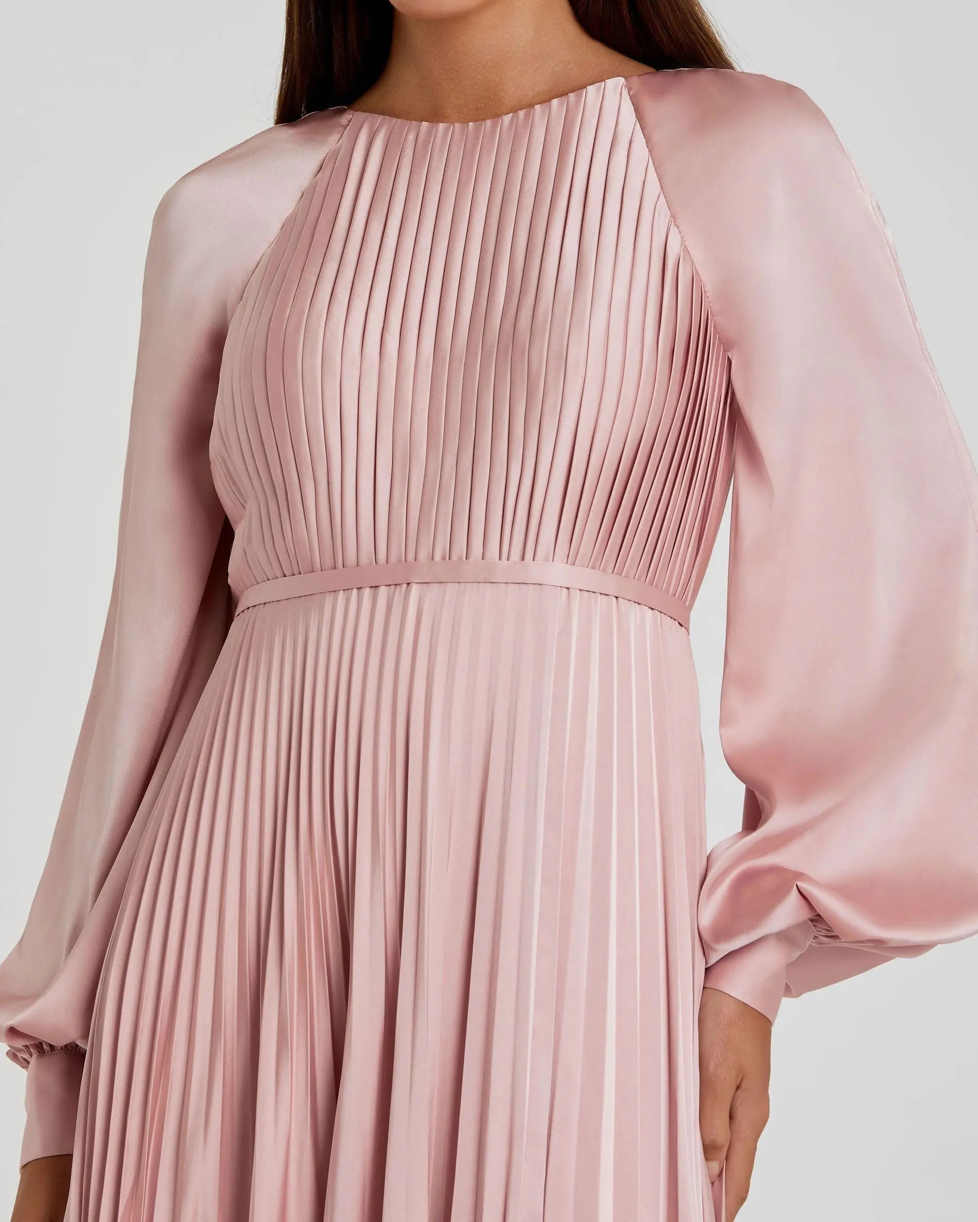 Mac Duggal #26590 blush pleated high neck raglan long sleeve side slit gown