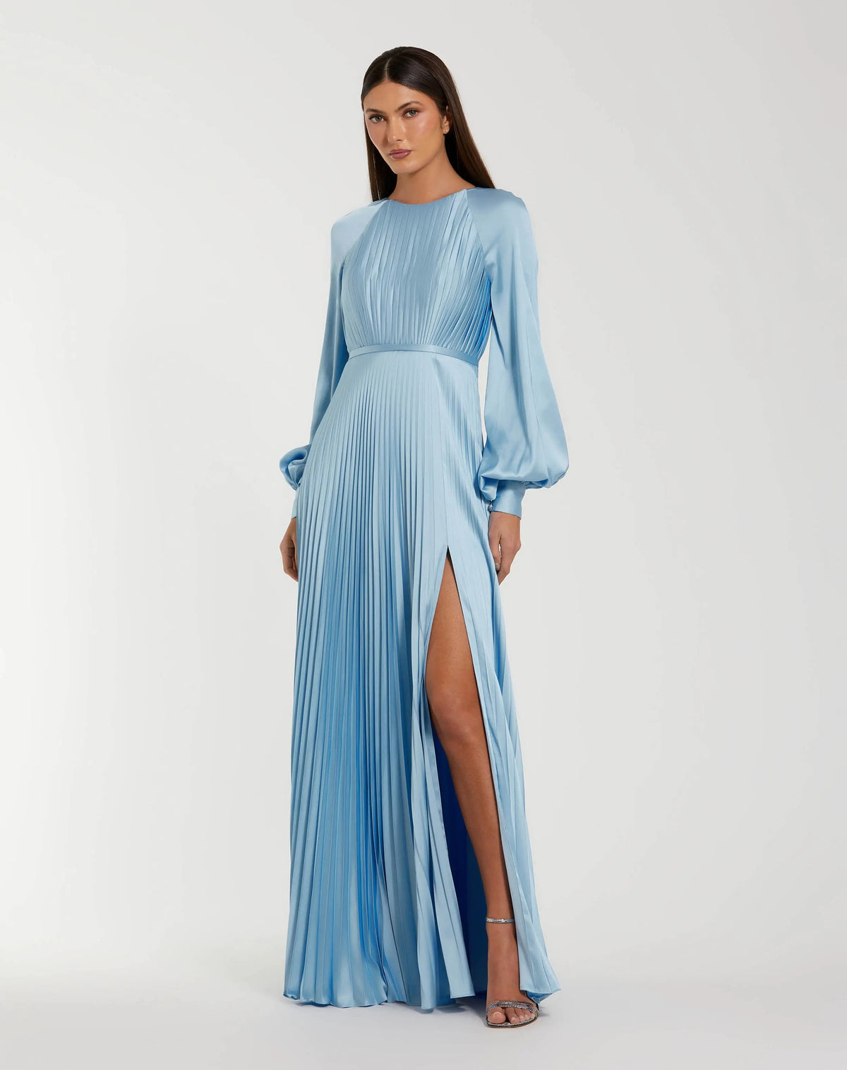 Mac Duggal #26590 ice blue pleated high neck raglan long sleeve side slit gown