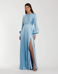 Mac Duggal #26590 ice blue pleated high neck raglan long sleeve side slit gown