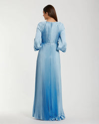 Mac Duggal #26590 ice blue pleated high neck raglan long sleeve side slit gown