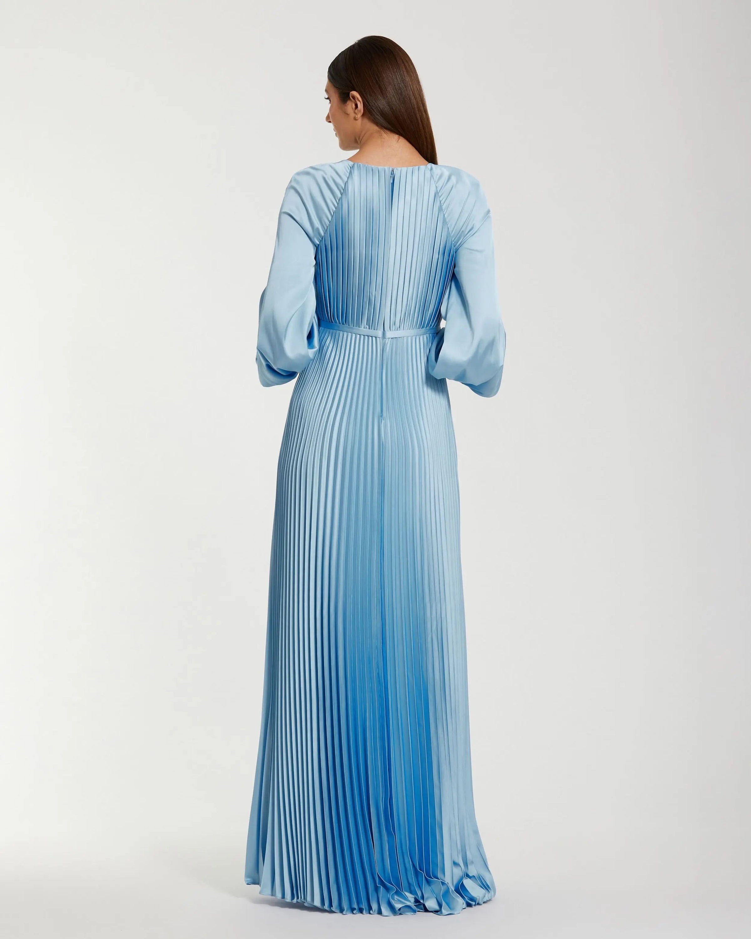 Mac Duggal #26590 ice blue pleated high neck raglan long sleeve side slit gown