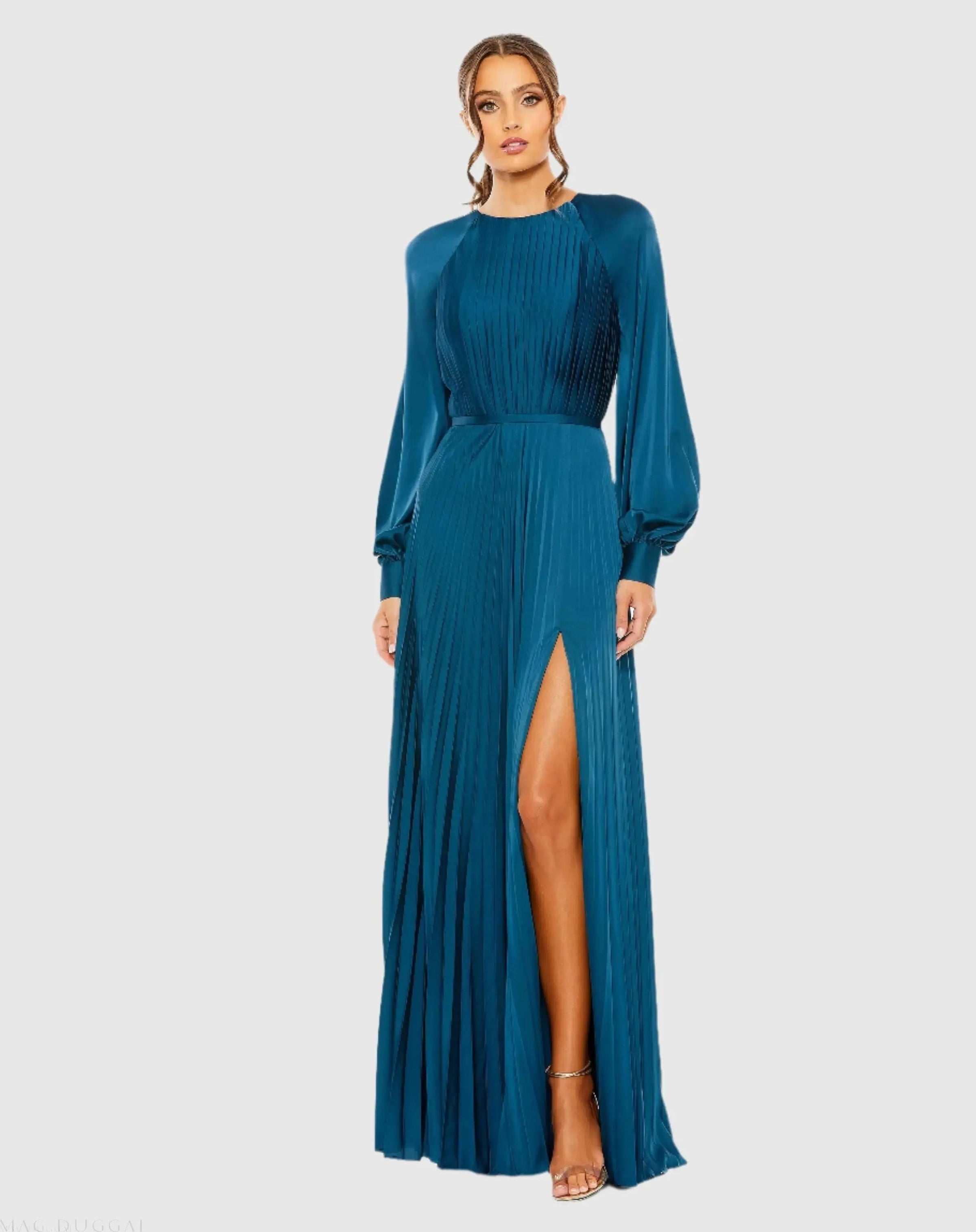 Mac Duggal #26590 peacock pleated high neck long sleeve gown with slit