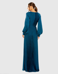 Mac Duggal #26590 peacock pleated high neck long sleeve gown with slit