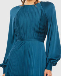 Mac Duggal #26590 peacock pleated high neck long sleeve gown with slit