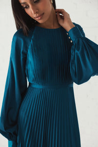 Mac Duggal #26590 peacock pleated high neck long sleeve gown with slit