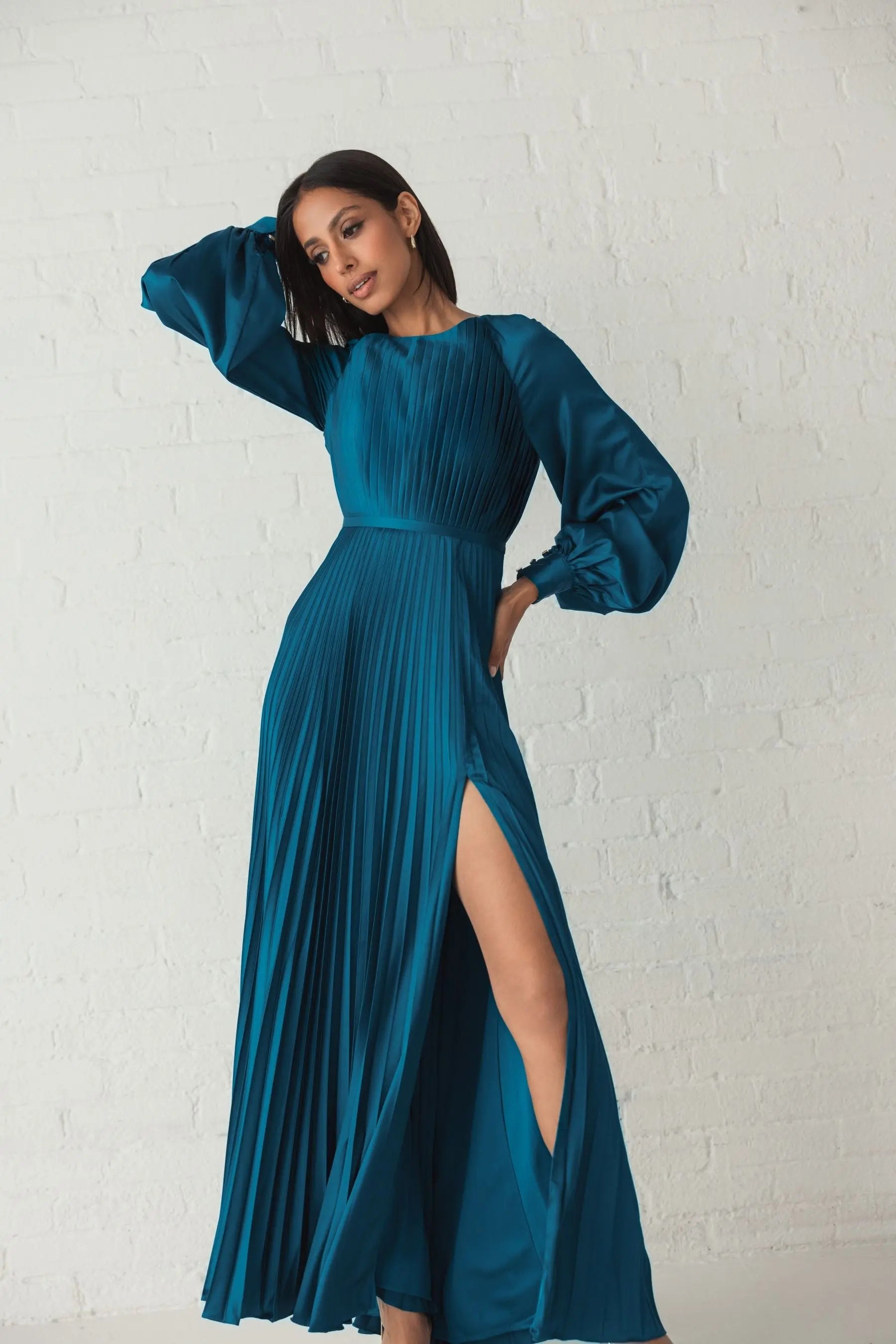 Mac Duggal #26590 peacock pleated high neck long sleeve gown with slit