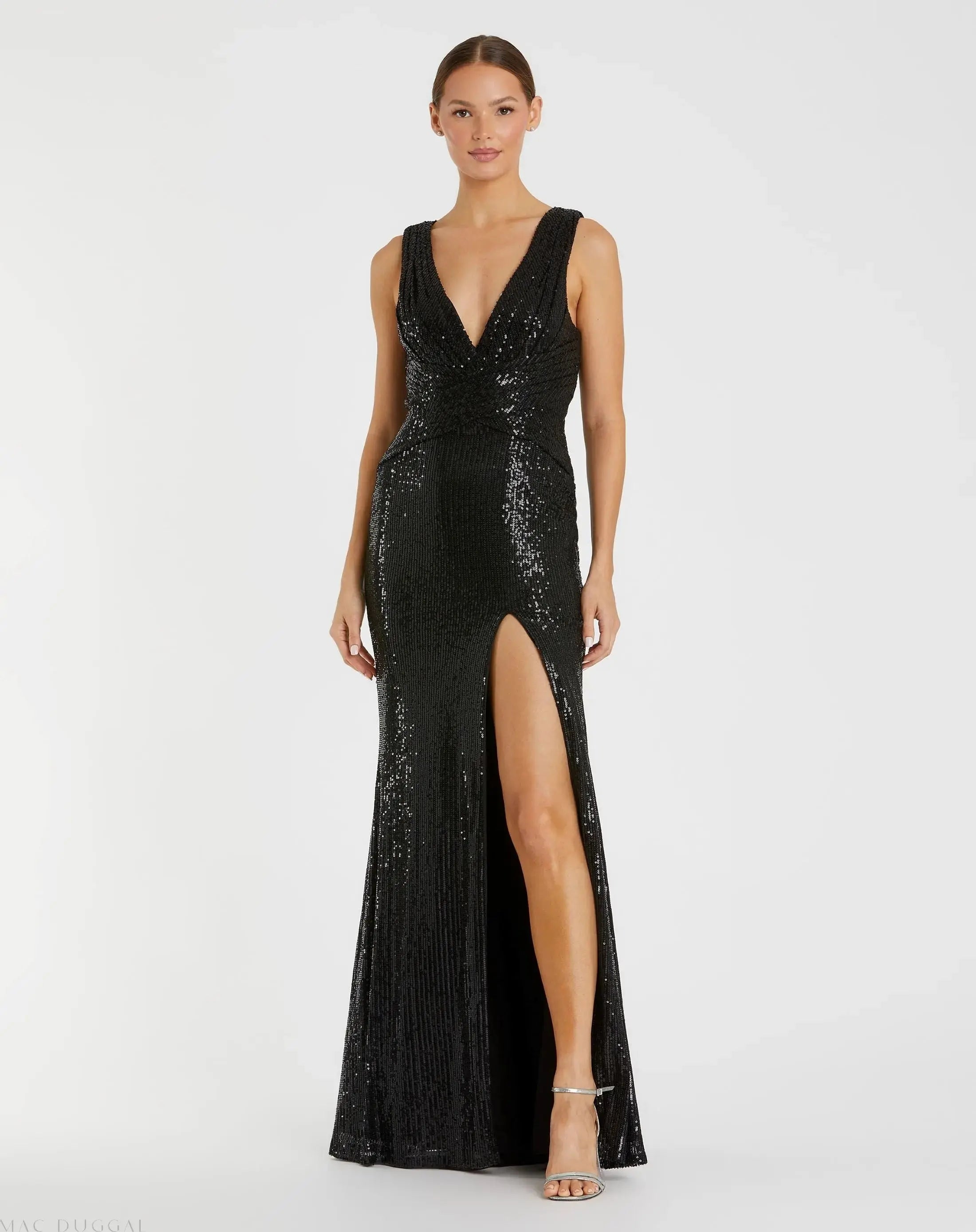 Mac Duggal 26598 Black V neck sequin wrap waist gown - front