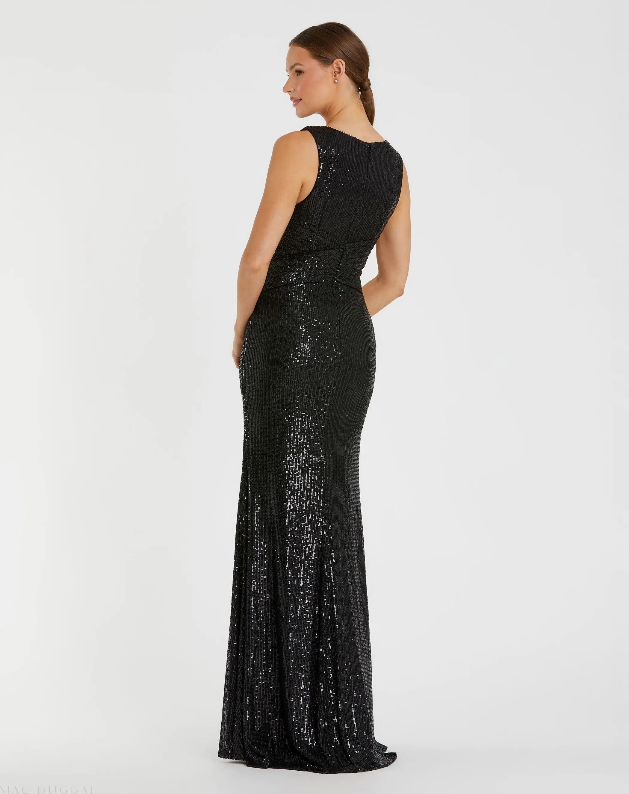 Mac Duggal 26598 Black V neck sequin wrap waist gown - back