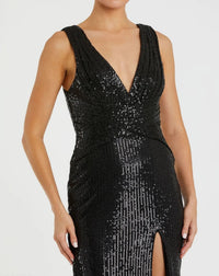 Mac Duggal 26598 Black V neck sequin wrap waist gown - detail