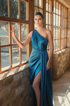 One Shoulder Satin Gown - Ocean Blue