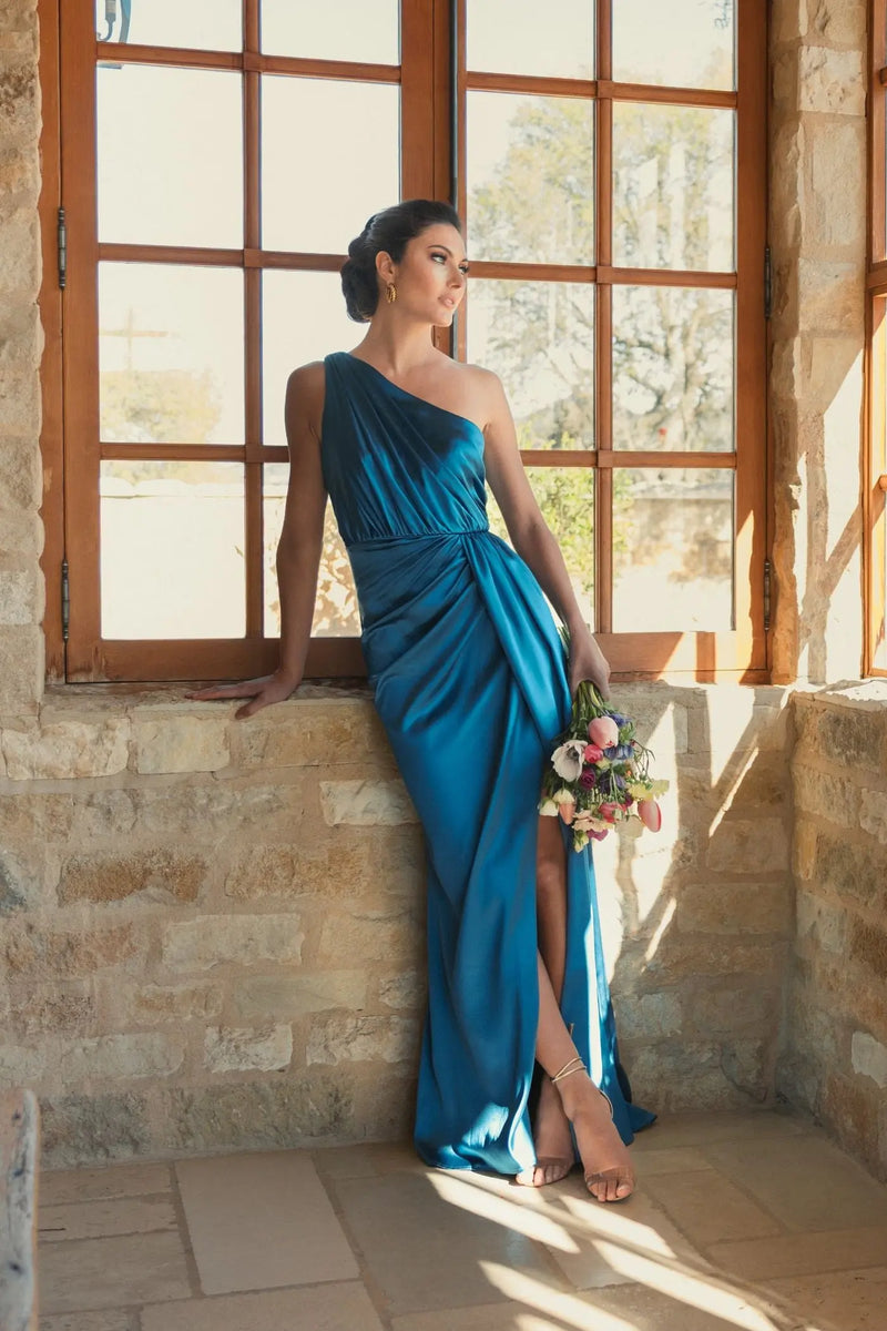 One Shoulder Satin Gown - Ocean Blue