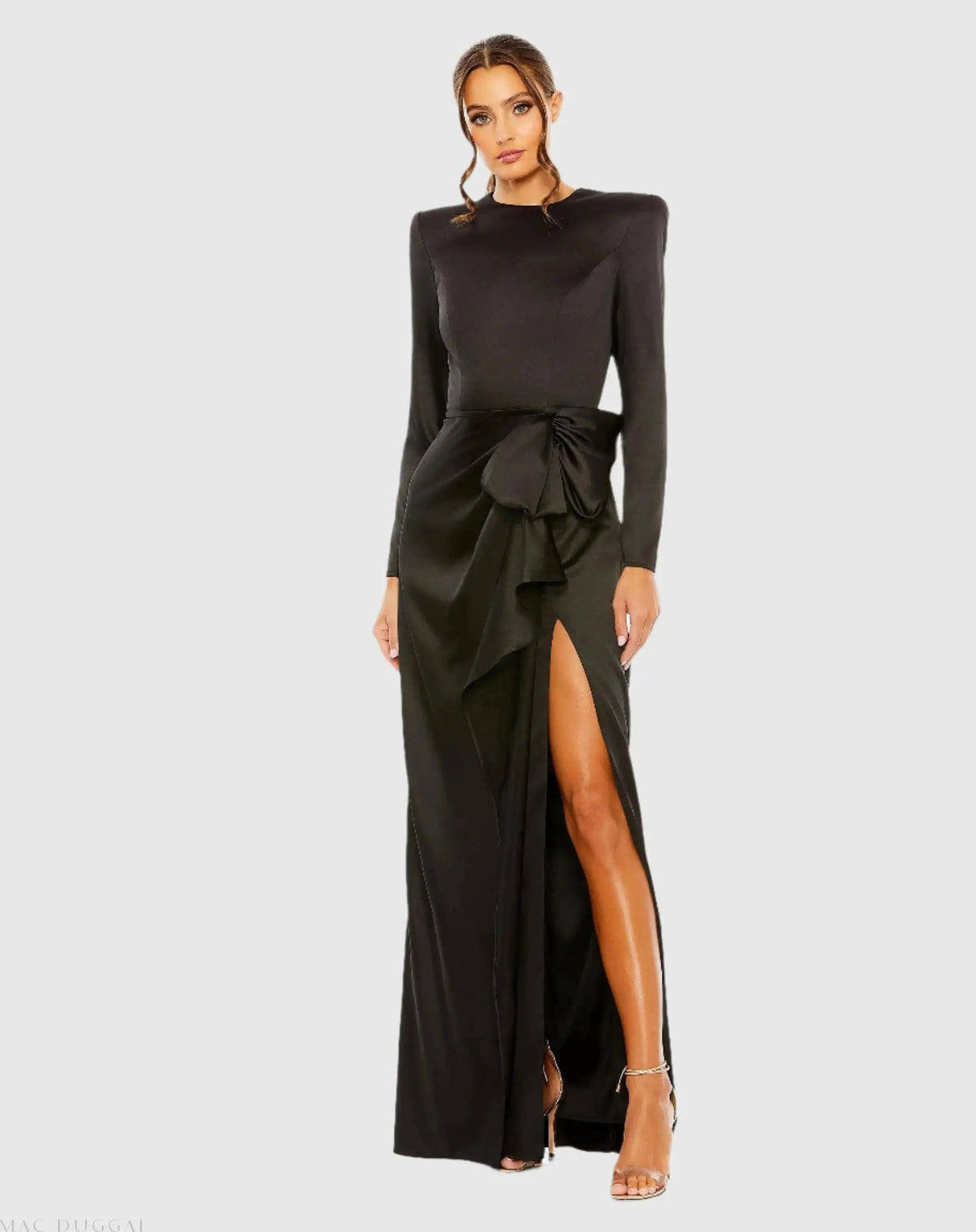 Mac Duggal #26676 black long sleeve satin structured bow draped column gown