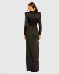 Mac Duggal #26676 black long sleeve satin structured bow draped column gown back
