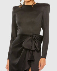Mac Duggal #26676 black long sleeve satin structured bow draped column gown close-up