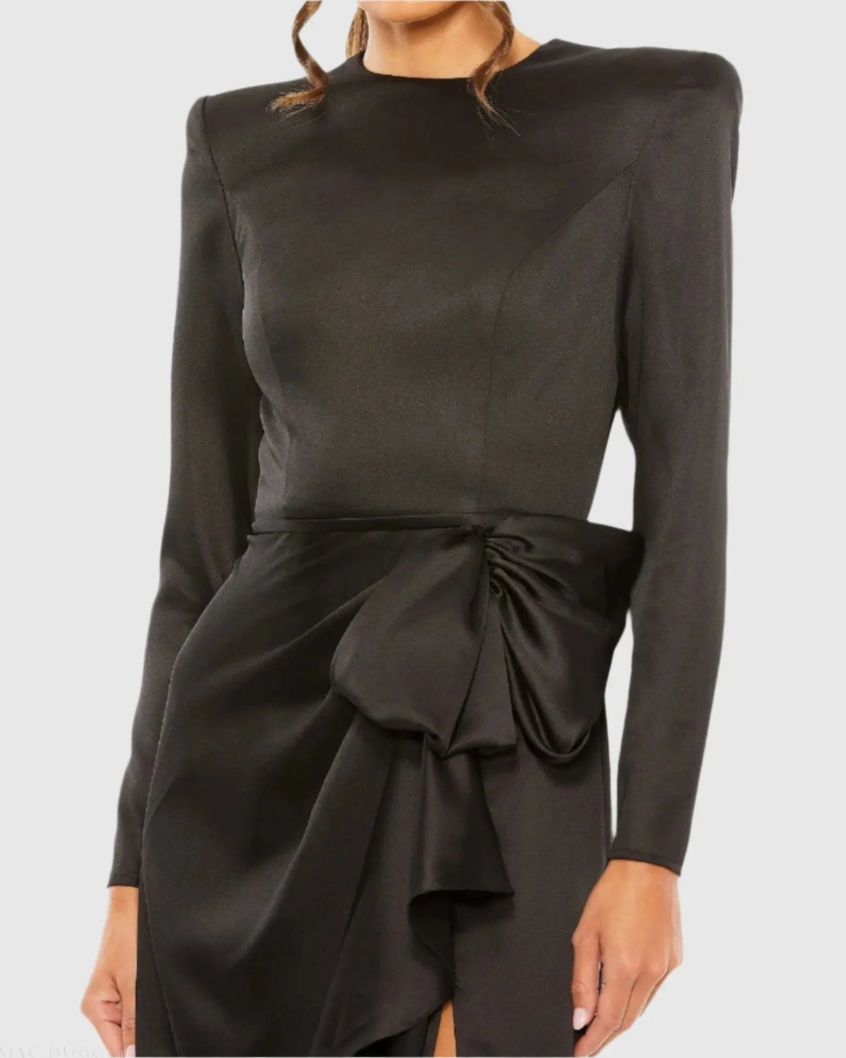 Mac Duggal #26676 black long sleeve satin structured bow draped column gown close-up