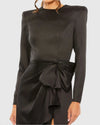 Long Sleeve Satin Structured Bow Draped Column Gown - Chartreuse