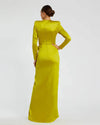 Long Sleeve Satin Structured Bow Draped Column Gown - Chartreuse