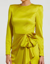 Long Sleeve Satin Structured Bow Draped Column Gown - Chartreuse
