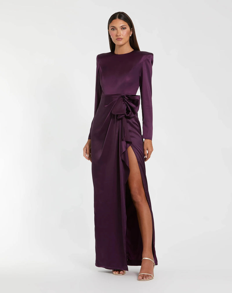 Mac Duggal Long Sleeve Satin Structured Bow Draped Column Gown Magenta #26676