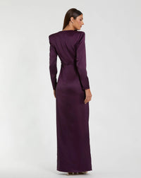 Long Sleeve Satin Structured Bow Draped Column Gown - Eggplant
