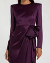 Long Sleeve Satin Structured Bow Draped Column Gown - Chartreuse