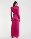 Long Sleeve Satin Structured Bow Draped Column Gown - Magenta