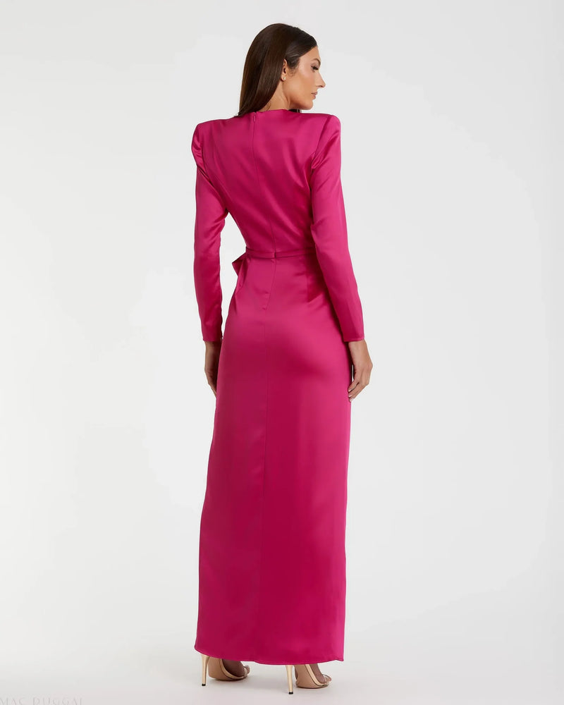 Long Sleeve Satin Structured Bow Draped Column Gown - Magenta