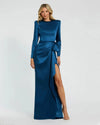 Mac Duggal Long Sleeve Satin Structured Bow Draped Column Gown Blue #26676