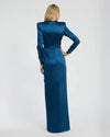 Long Sleeve Satin Structured Bow Draped Column Gown - Blue