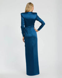 Long Sleeve Satin Structured Bow Draped Column Gown - Blue