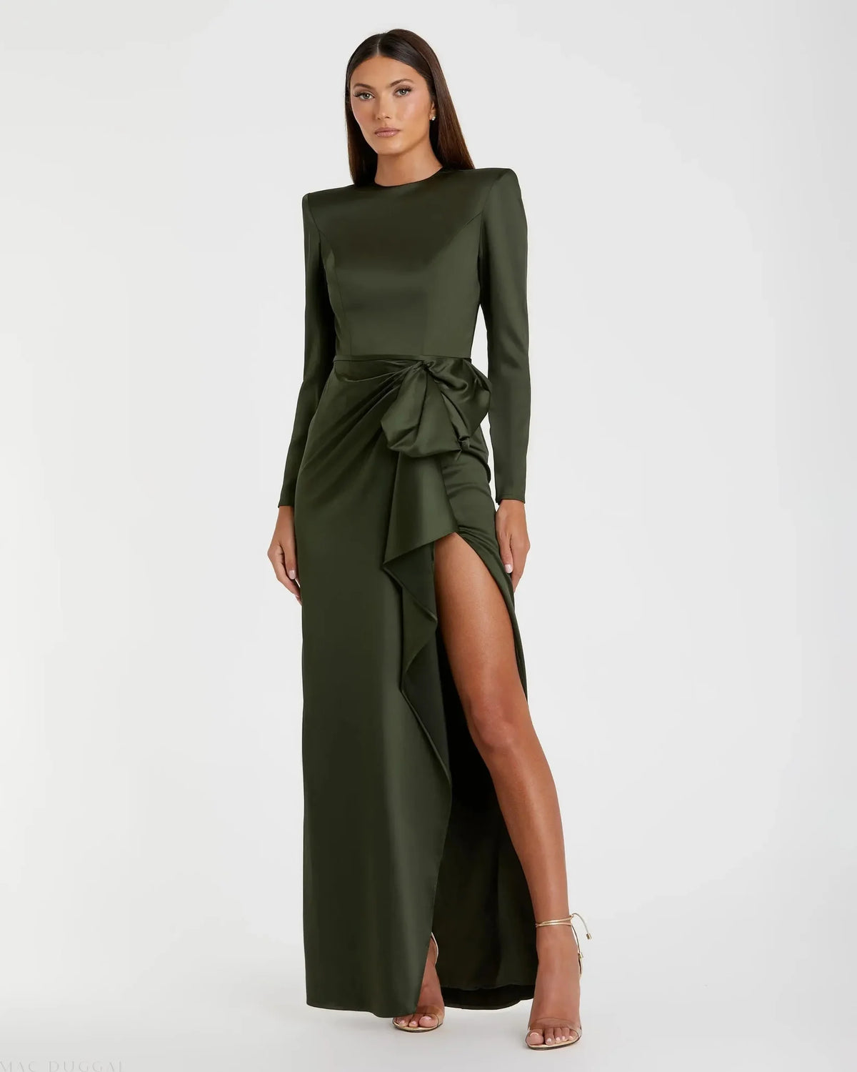 Mac Duggal Dark Green Long Sleeve Satin Structured Bow Draped Column Gown Olive #26676 