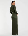 Dark Green Long Sleeve Satin Structured Bow Draped Column Gown - Olive