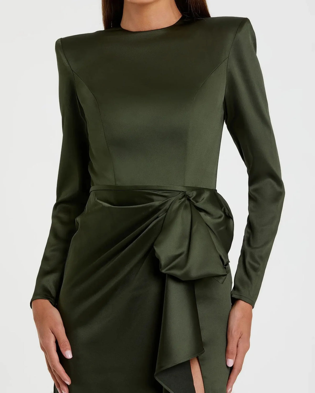 Dark Green Long Sleeve Satin Structured Bow Draped Column Gown - Olive