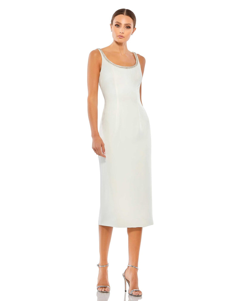 Jewelled scoop neck fitted midi dress - Ivory