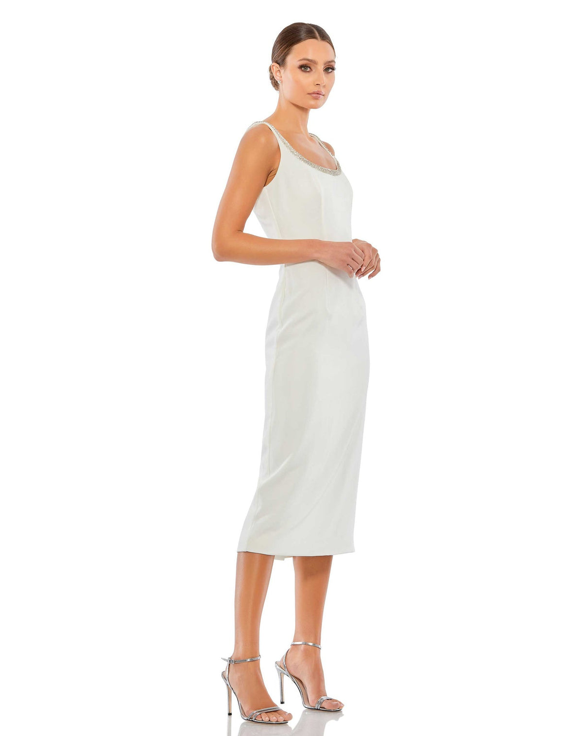 Jewelled scoop neck fitted midi dress - Ivory