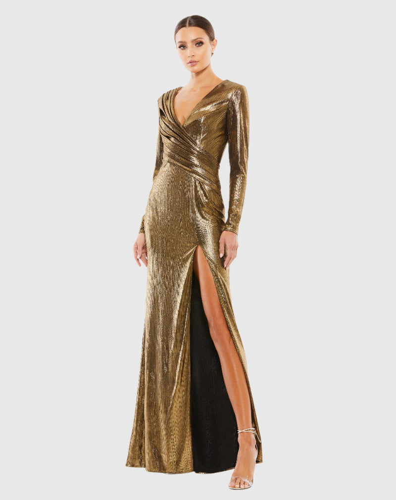Mac Duggal Long sleeve metallic v neck gown #26684 | Shop Women's Evening Dresses Online Shaide Boutique Mac Duggal Long sleeve metallic v neck gown #26684 | Shop Women's Evening Dresses Online Shaide Boutique